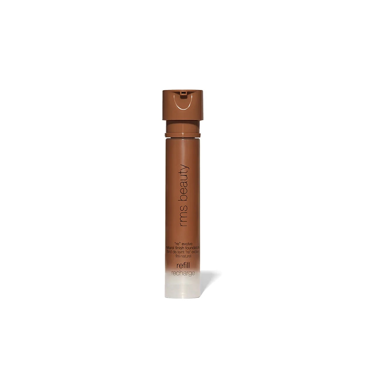 A bottle of rms beauty brand foundation with a label indicating that the product is refillable.