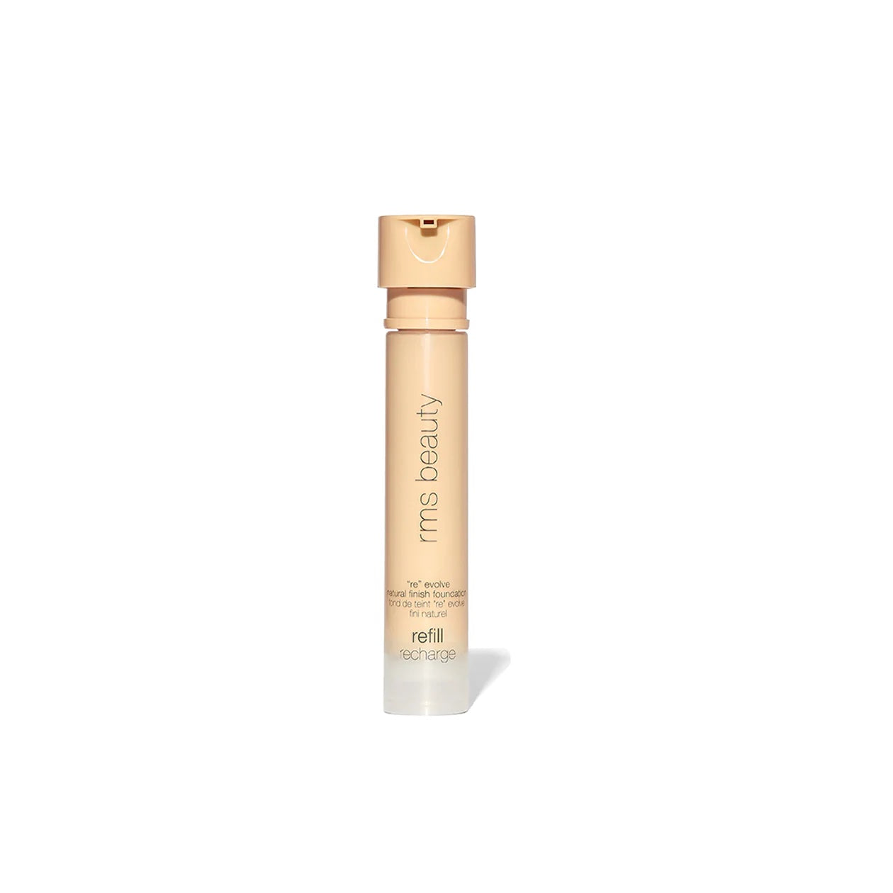 A bottle of "mo's beauty" brand foundation with a "refill" label on a white background.