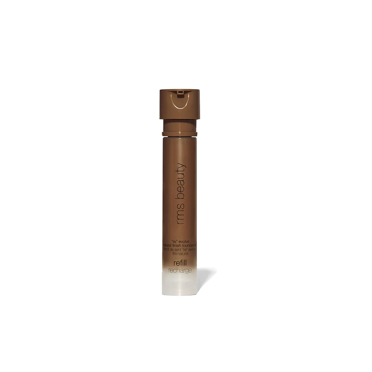 A bottle of rms beauty foundation on a white background.