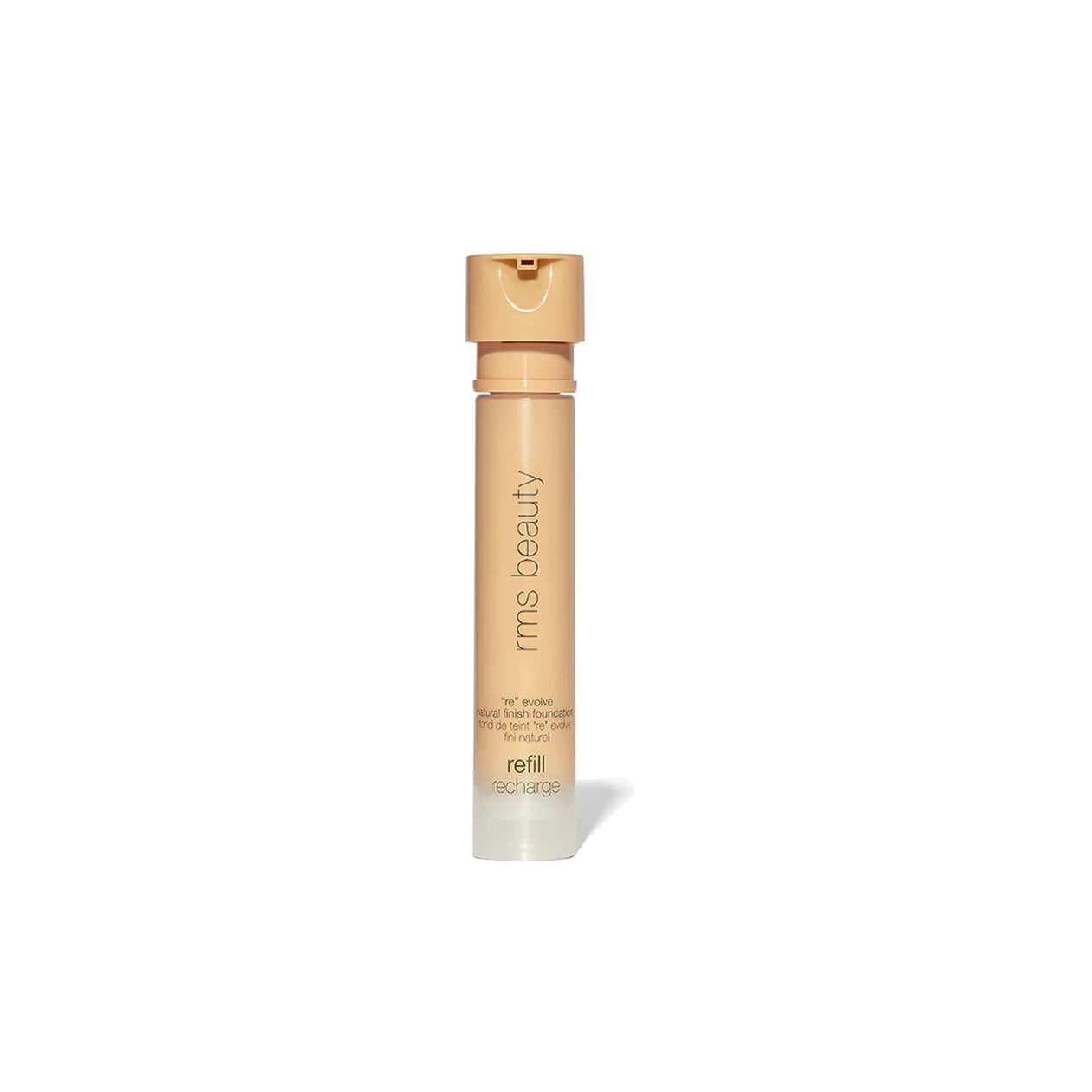 A bottle of liquid foundation from the "rms beauty" brand with a refillable design.