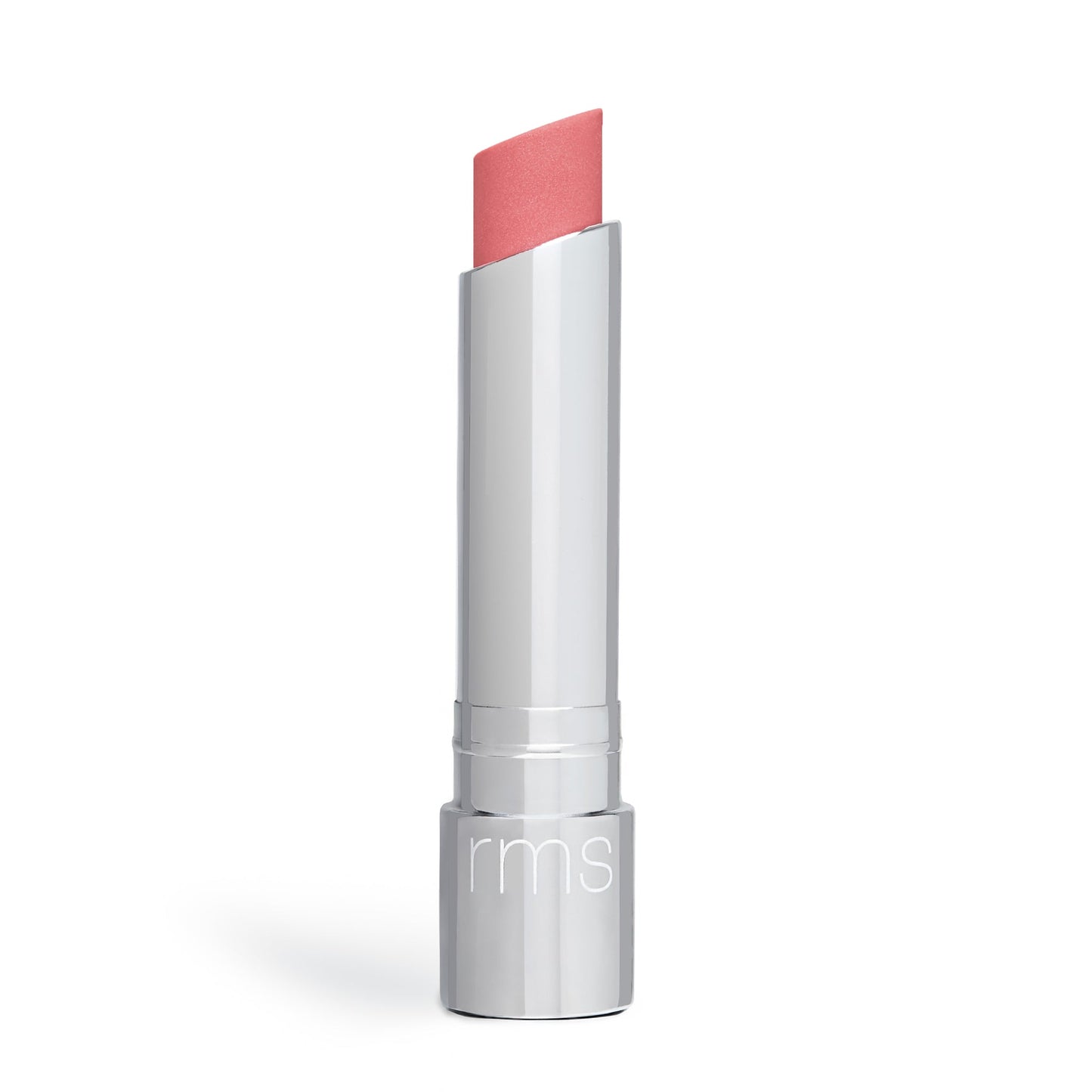 A tube of pink lipstick with its cap off, isolated on a white background.