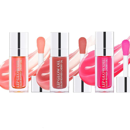 3Pcs Plumping Lip Oil, Hydrating Lip Gloss Tinted Lip Balm Lip Care Transparent Toot Lip Oil, Long Lasting Nourishing Lip Glow Oil Non-sticky Glitter Shine Primer Lip Tint (Pink+Rosewood +Cherry Red)