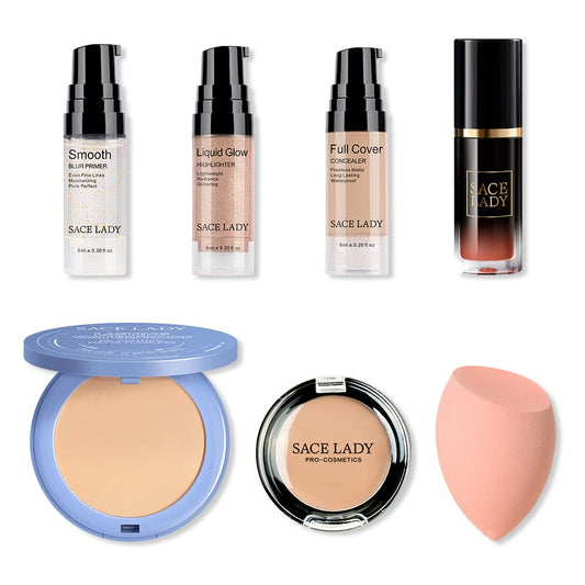 SACE LADY Full Face Makeup Set for Women Full Kit, Primer, Full Cover Up Concealer Corrector for Eye Circles, Oil Control Powder, Highlighter Glow & Blush, Sponge, Flawless Lasting Cosmetics Kit 7Pcs
