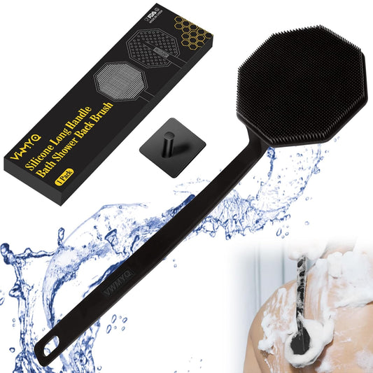 Silicone Back Scrubber for Shower, Lengthen Bath Body Brush with Long Handle, Double Sided Shower Brush for Shower Exfoliating and Massage Can Produce Rich Foam, Long Handle Back Scrubber for Men