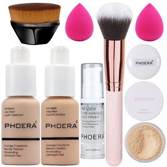 NightGhost Foundation Makeup Sets Full Kit for Women Pack 8 Included Phoera Foundation,Flat Top Kabuki Brush Kit,Primer,Powder Foundation,Makeup Sponges (103 Warm Peach + 104 Buff Beige)