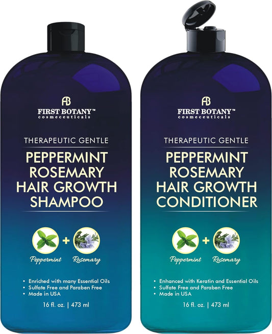 Peppermint Rosemary Hair Regrowth and Anti Hair Loss Shampoo and Conditioner Set - Daily Hydrating, Detoxifying, Volumizing Shampoo and Fights Dandruff For Men and Women 16 fl oz x 2
