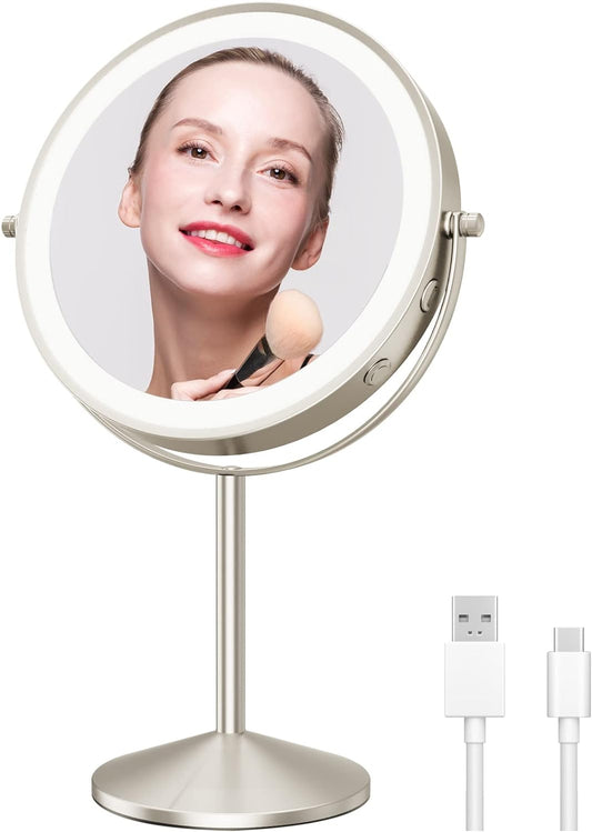 LOMRECS Vanity Mirror with Lights, 1X/10X Magnifying Makeup 8 Inch Rechargeable Double Sided Lighted Mirror, Dimmable Led 3 Color Lighting Modes
