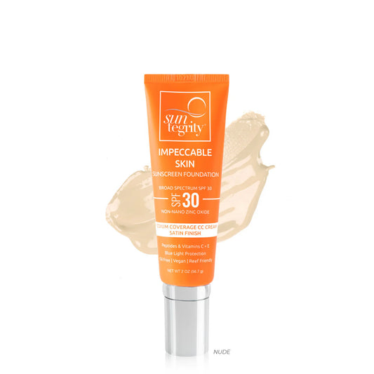 A tube of suntegrity impeccable skin foundation with sunscreen, shade nude, with a swatch of the product displayed in front.