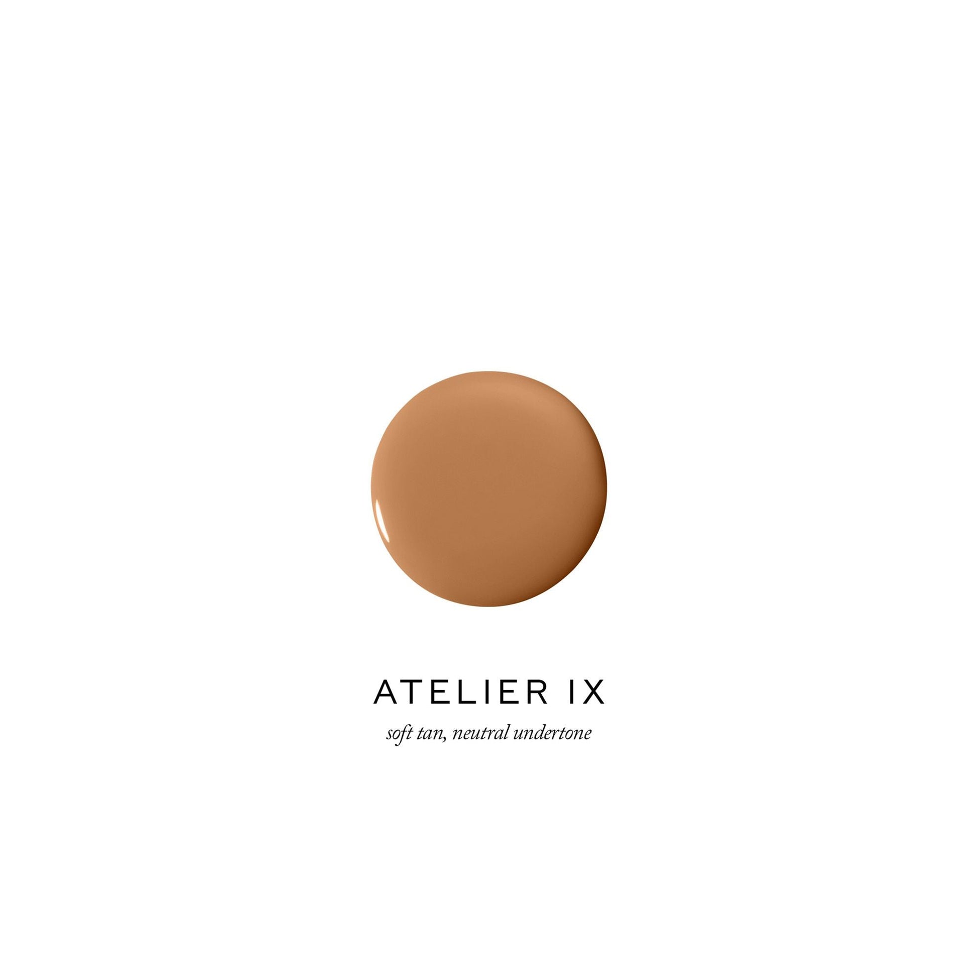 A swatch of foundation makeup with text "atelier ix, 99 tan, natural undertone.