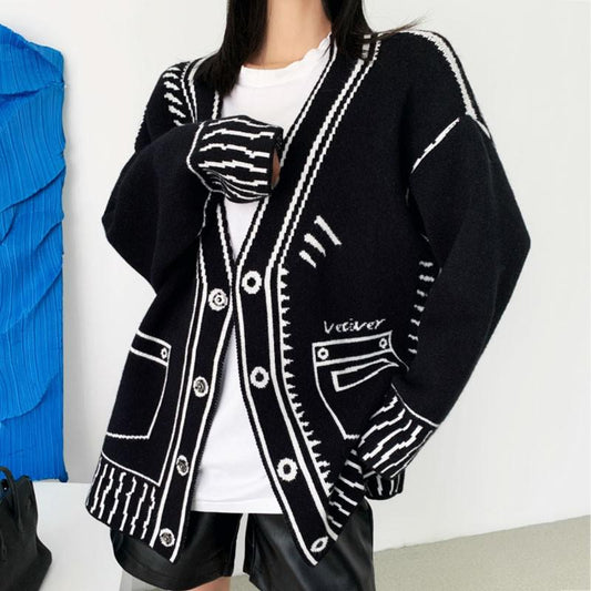 Graffiti Cardigan Women Loose V-neck Long Sleeve