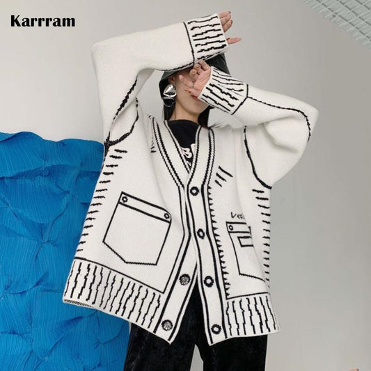 Graffiti Cardigan Women Loose V-neck Long Sleeve