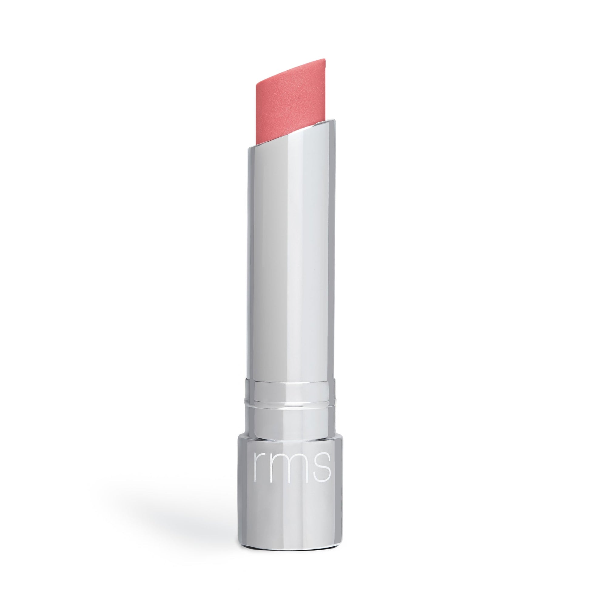 A tube of pink lipstick with its cap off, isolated on a white background.
