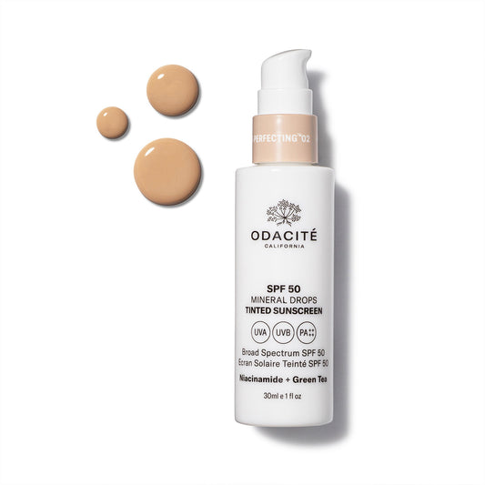 Tinted mineral sunscreen spf 50 with niacinamide and green tea in a pump bottle, displayed with product swatches.