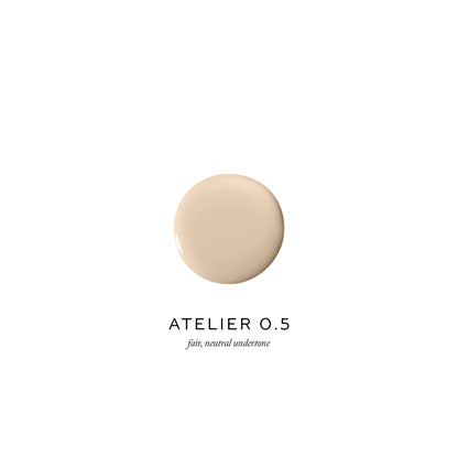 A swatch of foundation labeled "atelier o.5 fair, natural undertone" against a neutral background.
