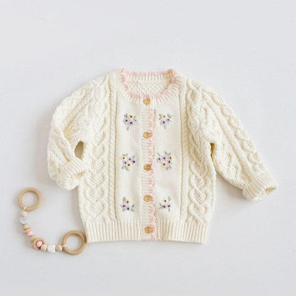 Beige / 5T-120 Floral Embroidered Crochet Sweater