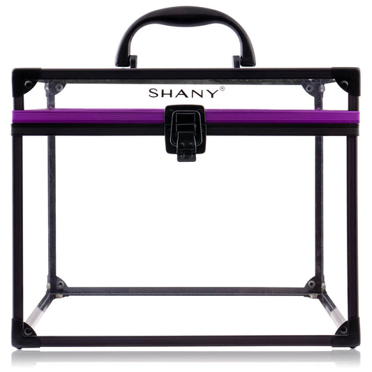 SHANY Clear Cosmetics and Toiletry Train Case - Clear Travel Makeup Bag Case Organizer with Secure Closure and Black/Purple Accents - Extra Large - SHOP XL - MAKEUP TRAIN CASES - ITEM# SH-CC0080-XL